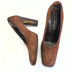 Via Spiga Square Toe Brown Suede Tortoise Lucite Heel Pumps Womens Size 10M